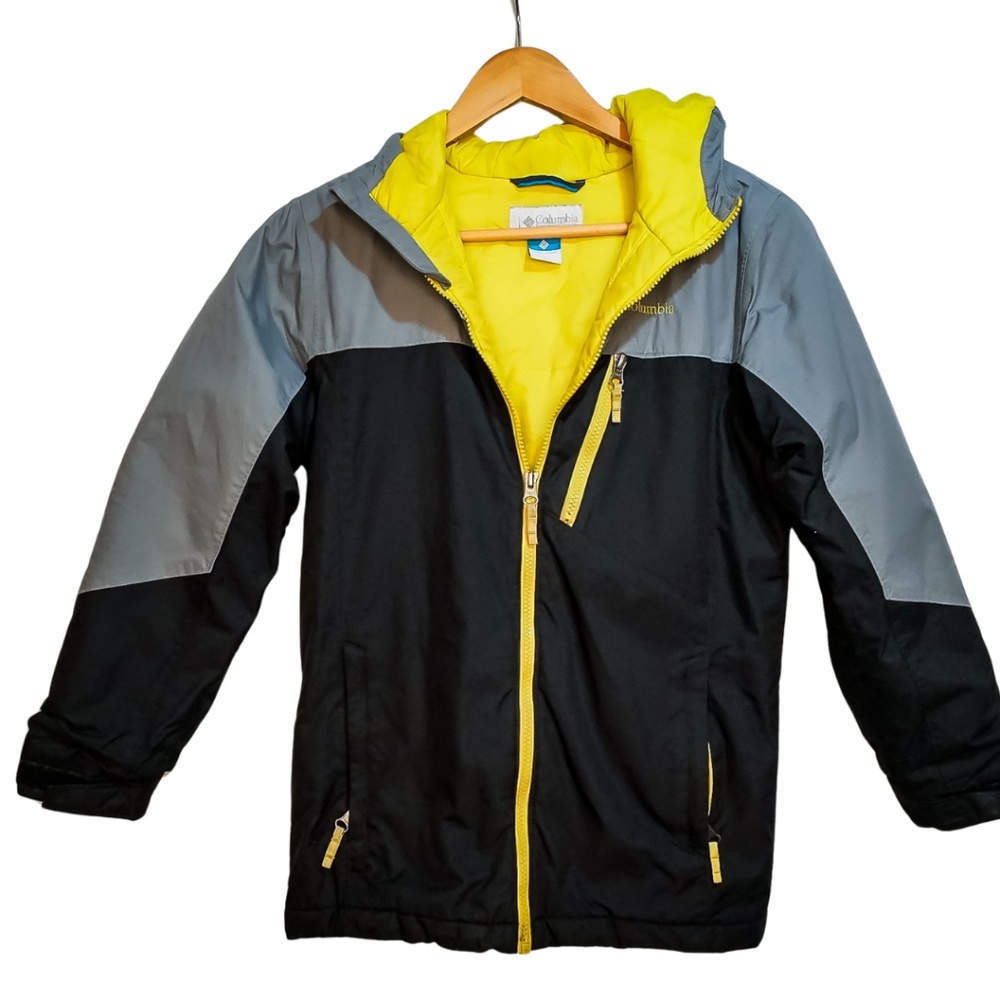 Columbia Boys Winter Jacket Size M Omni-Tech Hooded Black Gray Yellow